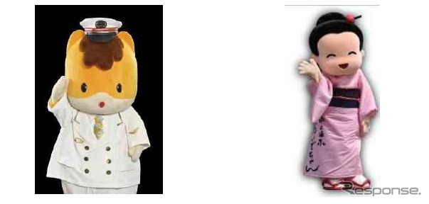 同時発車セレモニーに参加する群馬県のマスコットキャラクター「ぐんまちゃん」と水上温泉イメージキャラクター「おいでちゃん」。ほかにも群馬県内のマスコットキャラクターが参加する予定。