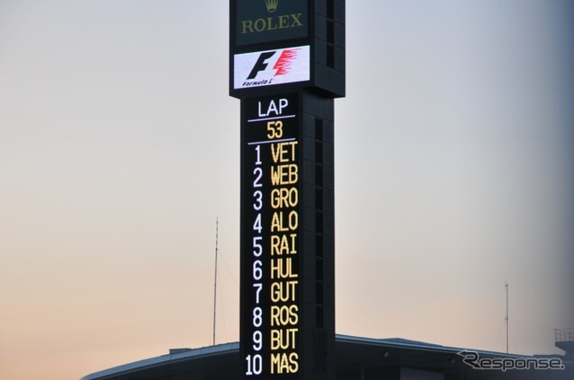 リーダータワーに表示された決勝リザルト。1位ベッテル(レッドブル)、2位ウェーバー(同)、3位グロージャン(ロータス)だった