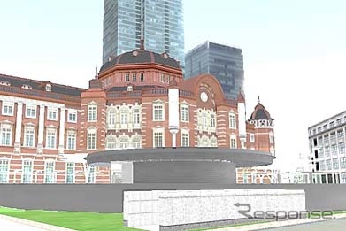 換気塔の切り下げ工事完成後は赤レンガの駅舎が見えやすくなる。