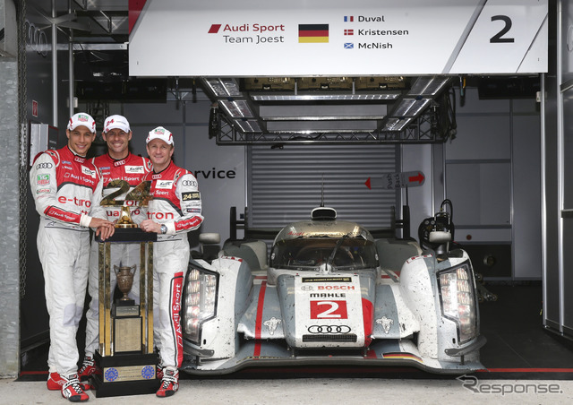 アウディ2号車トリオのデュバル、クリステンセン、マクニッシュ(左から)。写真:AUDI AG