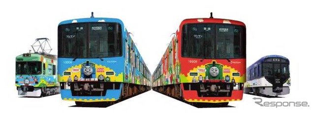 左から「700形きかんしゃトーマス号2013」「10000系きかんしゃトーマス号2013」「10000系きかんしゃパーシー号2013」「3000系きかんしゃトーマス号2013」。