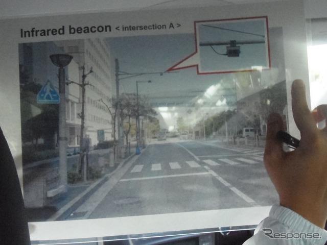 路側に接地された光ビーコン。車載機との間で通信を行い、車載機よりプローブ情報を収集する