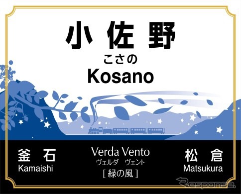 小佐野駅の愛称は「緑の風」を意味する「Verda Vento（ヴェルダ・ヴェント）」。風に舞う葉っぱが描かれる。