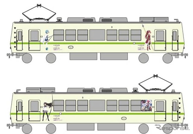 11月2日から運用に入る予定の「まどか☆マギカ」ラッピング車両の第2デザイン（723号）。運用開始翌日の11月3日は八瀬比叡山口駅に展示する。
