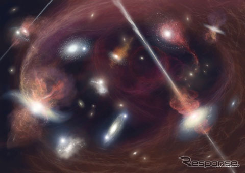 100-120億年前の宇宙の想像図。星が大量に生まれ、超新星爆発を起こして死んで、周囲にある多くの重元素を作り出した。同時期には、巨大ブラックホールもまた急成長しており、そこから強いジェットや風が吹いたと考えられる。超新星爆発とブラックホールのエネルギーは強力な風を生み、この風に乗って大量の重元素が宇宙中にばらまかれたと考えられる。(画像提供:池下章裕)