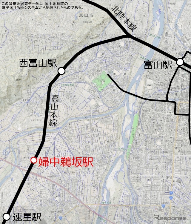 婦中鵜坂駅の位置。高山本線速星～西富山間のほぼ中間に位置する。