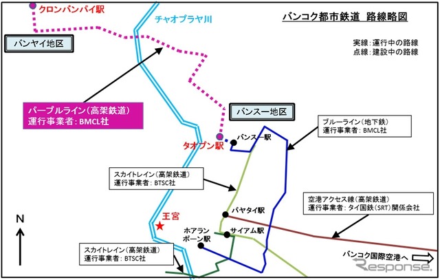 パープルラインの路線図。バンコクの北西郊外に延びる都市鉄道で、2016年頃の開業が見込まれている。