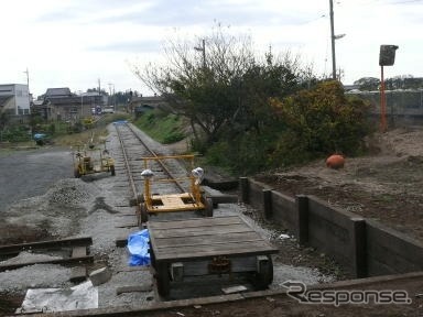 騰波ノ江駅構内の貨物線跡地に設置された「とばのえ支線」。常総線の開業100周年を機にトロッコの乗車体験施設として建設された。全長わずか70mの「新線」だ。