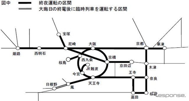 JR西日本が京阪神エリアで大晦日に終夜運転を行う区間