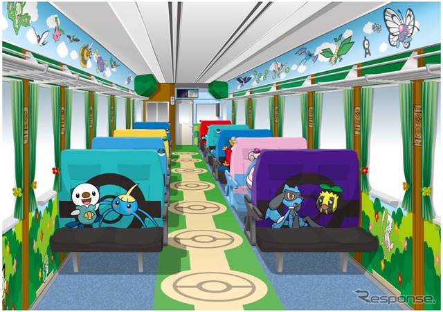 車内の座席や床、壁もポケモンのキャラクターで装飾されている。