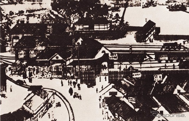 1889年12月11日に開業した「初代博多駅」。現在の出来町公園付近にあった。