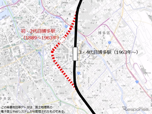 博多駅の位置。初代と2代目の博多駅は現在地から北西約600mの出来町公園付近、祇園駅付近にあった。