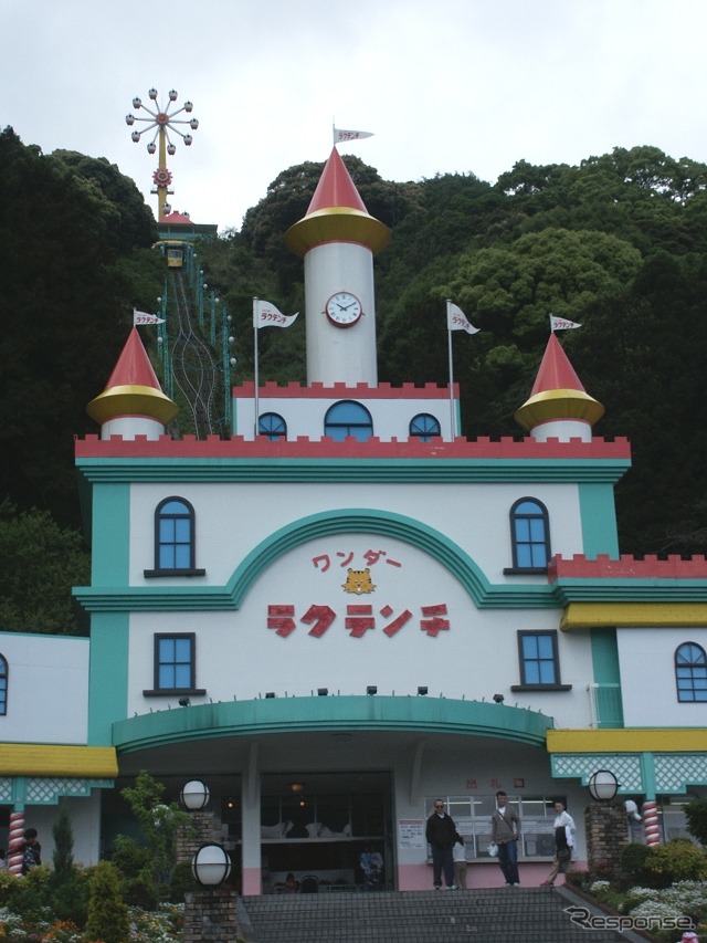 別府ラクテンチのメインゲート(2005年5月撮影)。ここから奥に見える山上部の園内までケーブルカーで結ばれている。