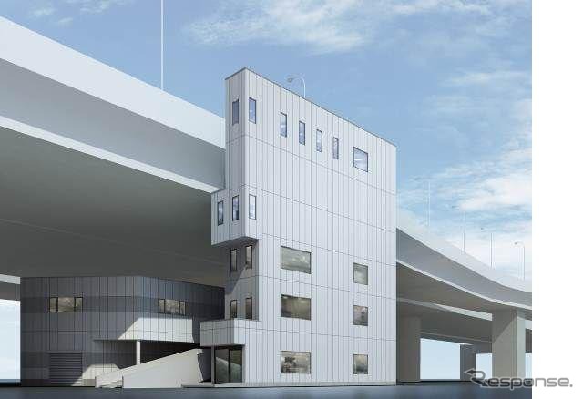 西山天王山駅の駅前広場と高速長岡京バスストップをつなぐエレベーターのイメージ。高速バスから阪急線への乗り換えが可能になる。