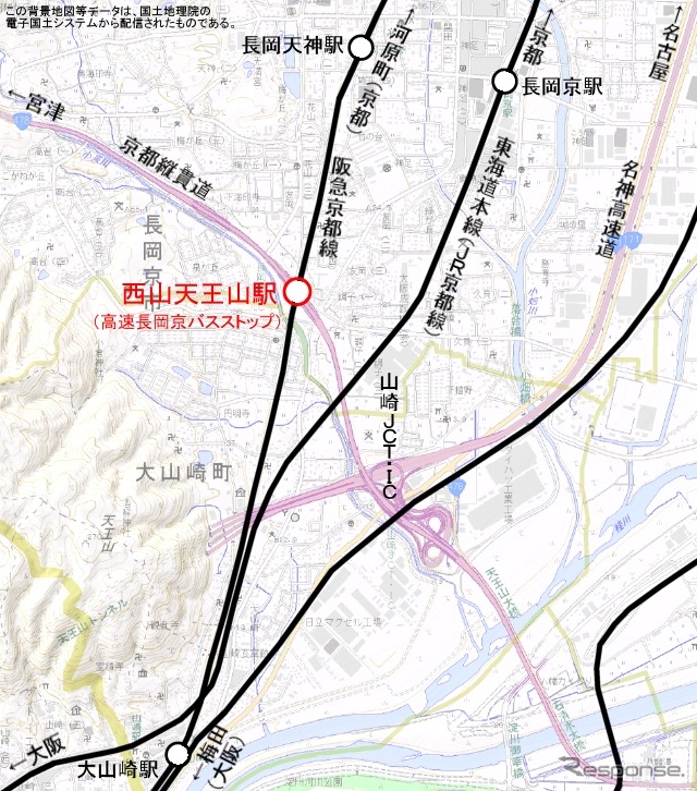 西山天王山駅・高速長岡京バスストップの位置。高速バスと鉄道の連携が図られる。