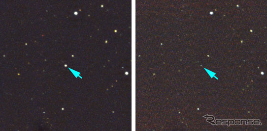 石垣島天文台で撮影された GRB 130427A の可視光残光。  （左）4月29日、（右）5月3日に撮影。  撮影：国立天文台石垣島天文台　花山秀和・むりかぶし望遠鏡3色カメラ