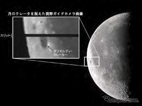 視野ガイドカメラ(FOV)で撮像された月面のクレーターの可視光画像。FOVの動作確認用に10月26日23:34(日本標準時)に取得。中央の暗い線はスリットで、この部分の光はFOVには導入されずに極端紫外線分光装置に入り、分光観測される。「ひさき」は、FOVにより木星・金星といった観測対象天体をこのスリット内に保持するように制御しつつ、スリット内の光を分光装置(EUV)で観測する。