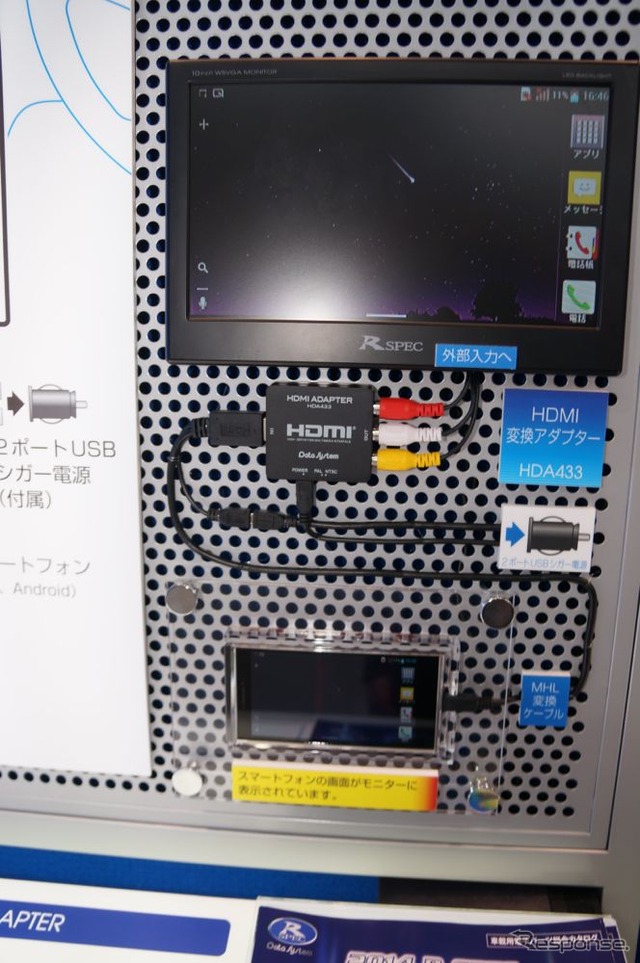 市販予定のスマホの映像をカーナビ画面に表示できる変換アダプター