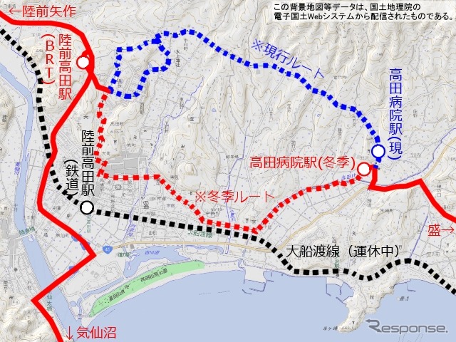 陸前高田~高田病院間のBRTルート。現行ルートは積雪が予想されるため、一時的に海側のルートに変更する。