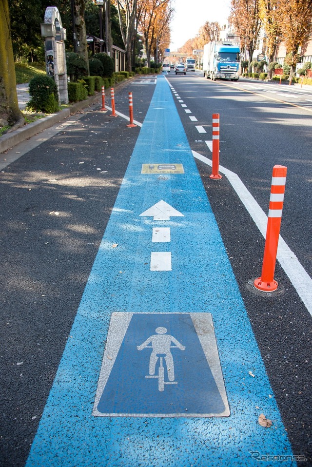 北浦和駅から埼玉大学方面へ伸びる埼大通りには自転車専用レーンを用意