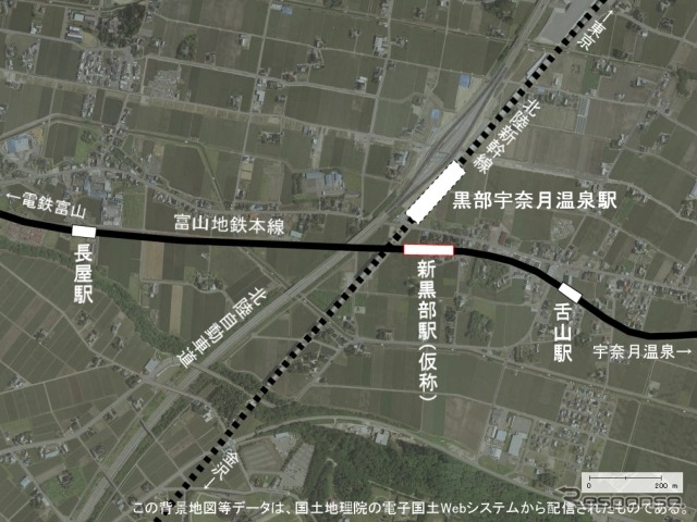富山地鉄の本線長屋~舌山間に設置される新駅(新黒部駅)の位置。北陸新幹線の黒部宇奈月温泉駅付近に設けられる。