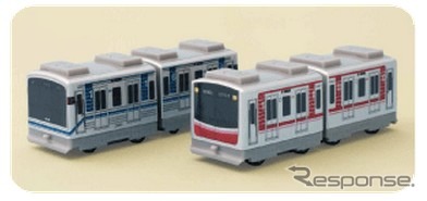 ゼンマイで走行する「ぴったんこ電車」の30000系と23系。マグネットでホワイトボードや冷蔵庫などに貼り付けることもできる。