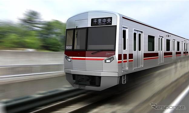 北大阪急行が2014年春から導入する9000形「POLESTAR II」。従来の車両イメージを一新し、無塗装ステンレス車体を採用する。