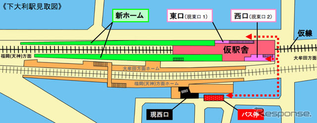 高架化工事に伴い仮線に切り替えられる下大利駅の見取図