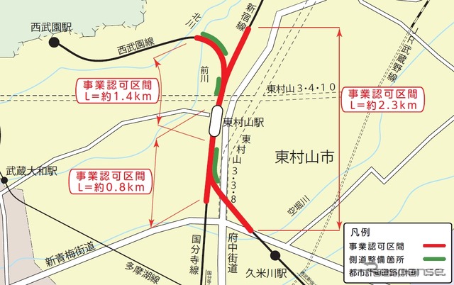 連立事業が実施される東村山駅付近の周辺図。同駅を通る新宿線など3線の線路が高架化される。