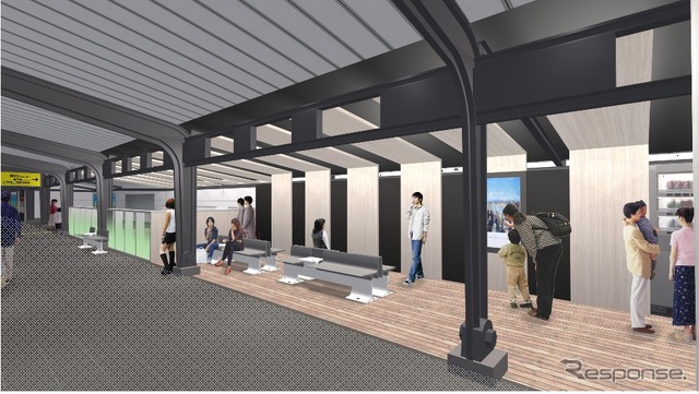 森ノ宮駅1番線ホーム(大阪方)のリニューアル・イメージ。コミュニケーション・スペースとして活用することが考えられている。