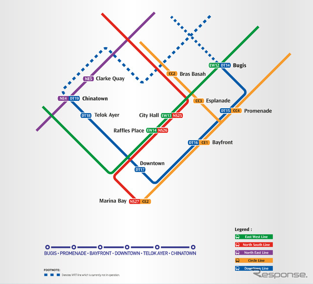 シンガポールMRT・ダウンタウン線の第1期区間を示す路線図。青ラインがダウンタウン線