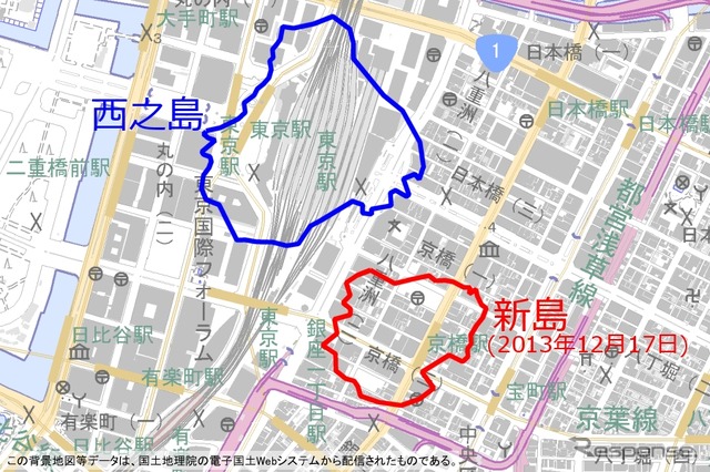 2013年12月17日時点の西之島と新しい島の縮尺と位置をそのままに東京駅周辺の地形図に重ねてみた。西之島は東京駅をほぼすっぽりと覆うが、南側の京葉線ホームは島の外。新しい島は京橋駅付近を覆っている。