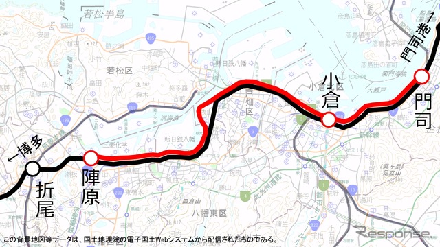 2014年1月の貨物線ツアーでは、鹿児島本線の陣原~門司間で貨物線(赤)を走る。