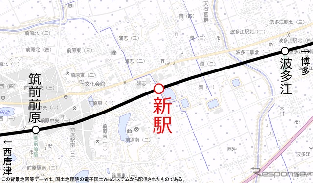 新駅の設置位置。波多江・筑前前原両駅の中間に設ける。