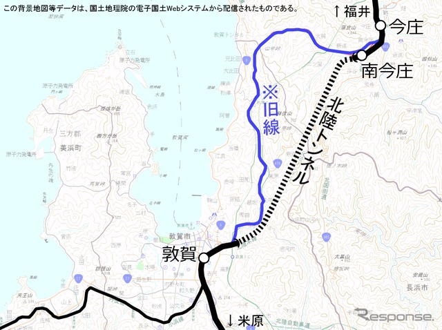 北陸トンネルの位置。急勾配の旧線を直線状の長大トンネルに置き換える形で建設された。