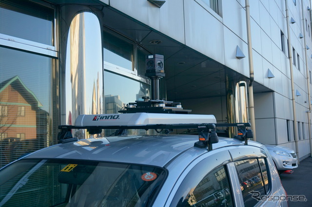 情報収集を担うレーザー計測車両。 GNSS・全方位カメラ・レーザーを搭載し走行させる