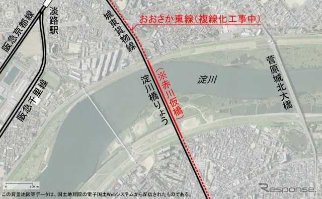 城東貨物線淀川橋りょう（赤川仮橋）の位置。赤川仮橋を撤去して線路を増設し、複線の旅客線（おおさか東線）に生まれ変わる。