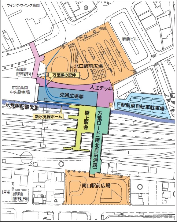 高岡駅周辺整備事業の計画図。万葉線の軌道がJR駅舎の近くまで延伸される。
