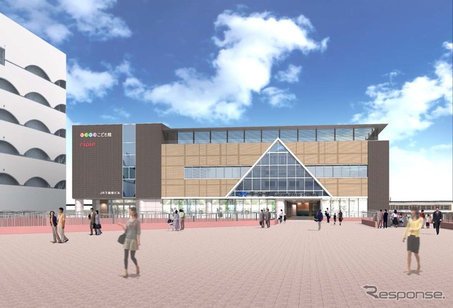 3月16日にオープンするJR下関駅ビルのイメージ。2006年に焼失した駅舎の三角屋根がデザインされる。