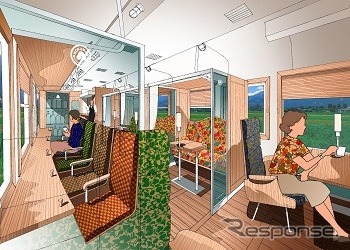 カウンター席とソファ席を設ける2号車の車内イメージ。サロンスペースやキッチンも設置する。