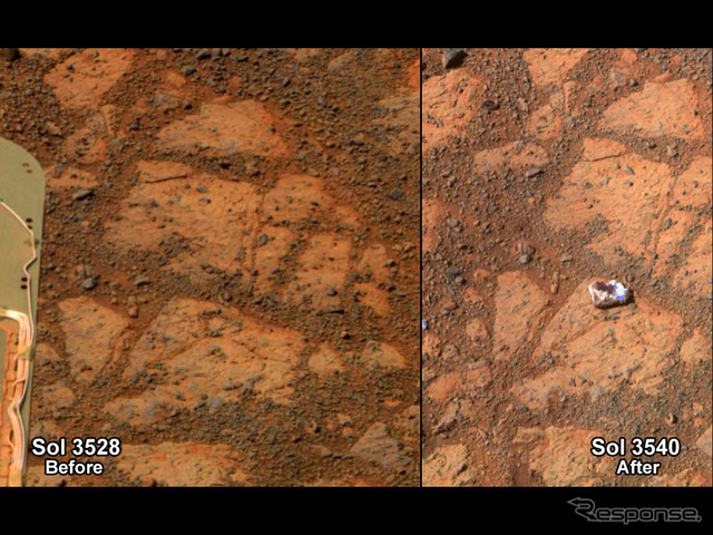 左側「Sol 3528」は昨年12月26日の画像、右側「Sol3540」は今年1月8日の画像。