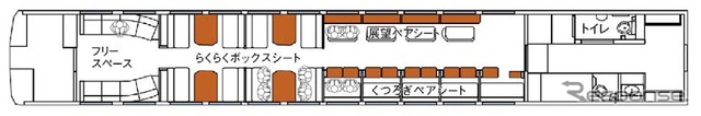 旅行商品専用車両となる1号車の平面図。さまざまな種類の座席が設けられる。