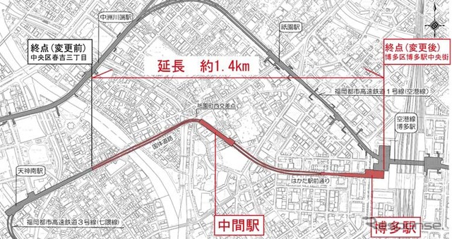 七隈線延伸区間のルート。2020年度の開業が予定されている。