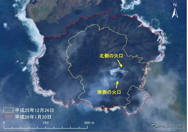 新たに形成された陸地部分の様子（1月20日撮影）