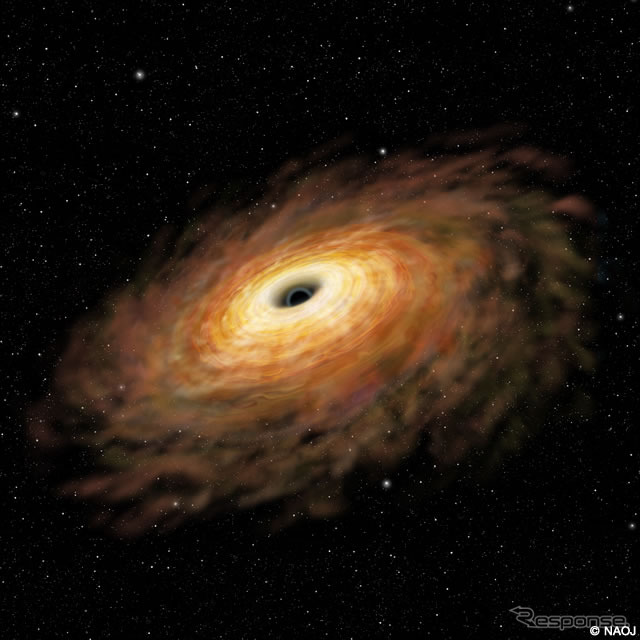 合体銀河における活動的な超巨大ブラックホール付近の想像図。（出典：国立天文台）