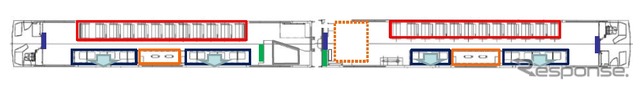 観光列車の車内図。海側の座席は海向きに配置される。