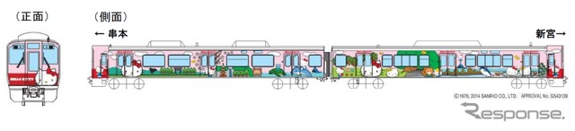 きのくに線の新宮～串本間で運転される予定の観光列車のデザイン案。近畿車輛が開発した自己充電型バッテリー車両で、車体には「沿線の観光地をハローキティが楽しく紹介」（JR西日本）するラッピングが施される。