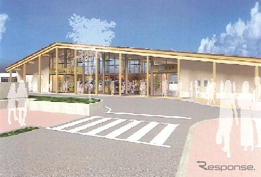 郡家駅に整備される駅舎と一体化したコミュニティ施設「ぷらっとぴあ・やず」。2015年3月下旬の完成を目指す。