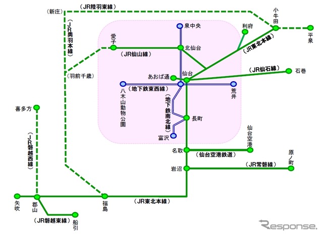 Suica仙台エリアとイクスカのエリア(点線は一部の駅で一部サービスのみ利用可能)。2016年春から相互利用サービスを開始する。