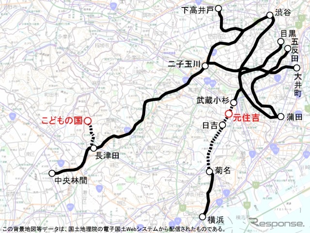 東急線の運休区間(点線・2月15日21時時点)。東横線渋谷~武蔵小杉間は19時前に運転を再開した。16日は初列車から全線で運転を再開している。